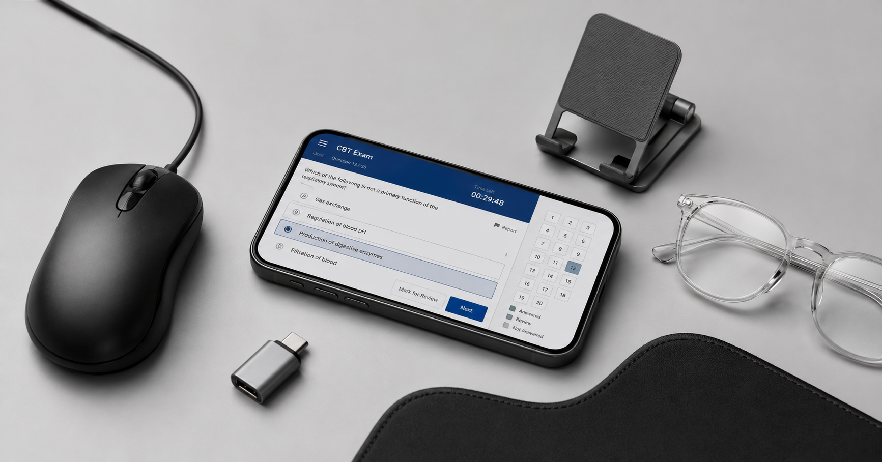 Studio product composition — smartphone with CBT interface, wired mouse, OTG connector, mobile stand, zero power glasses and mouse pad