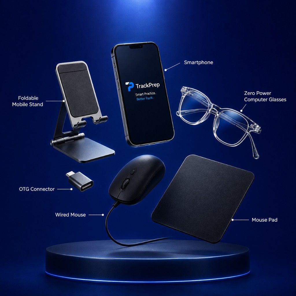 TrackPrep CBT @ Home Kit — smartphone, foldable mobile stand, zero power glasses, OTG connector, wired mouse and mouse pad