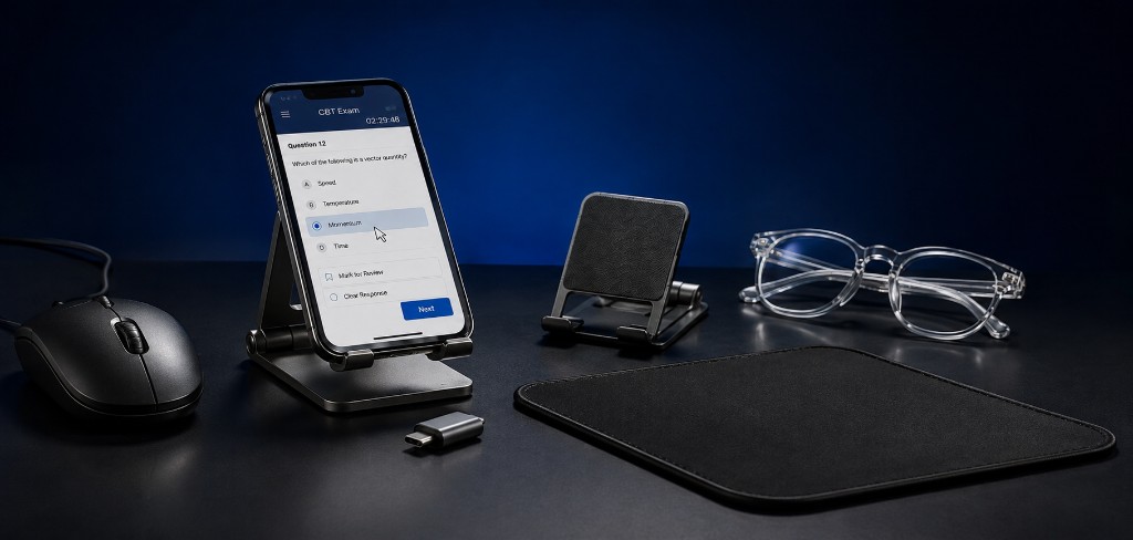 TrackPrep CBT @ Home Kit — wired mouse, smartphone on stand with CBT exam, OTG adapter, mobile stand, mouse pad and zero power glasses